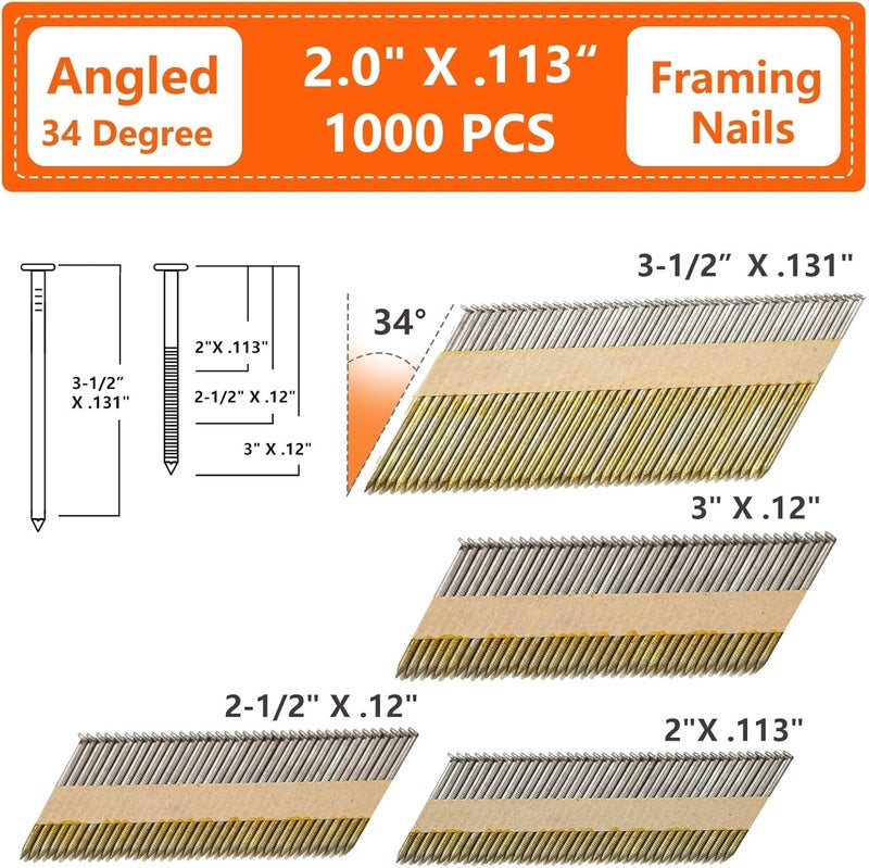 SITLDY 30-34 Degree Framing Nails 2"X.113" Ring Shank 1000 Count, D Head Hot Dipped Galvanized Paper Tape Strip Nails, for 30 to 34 Degree Framing Nailer - Image 2